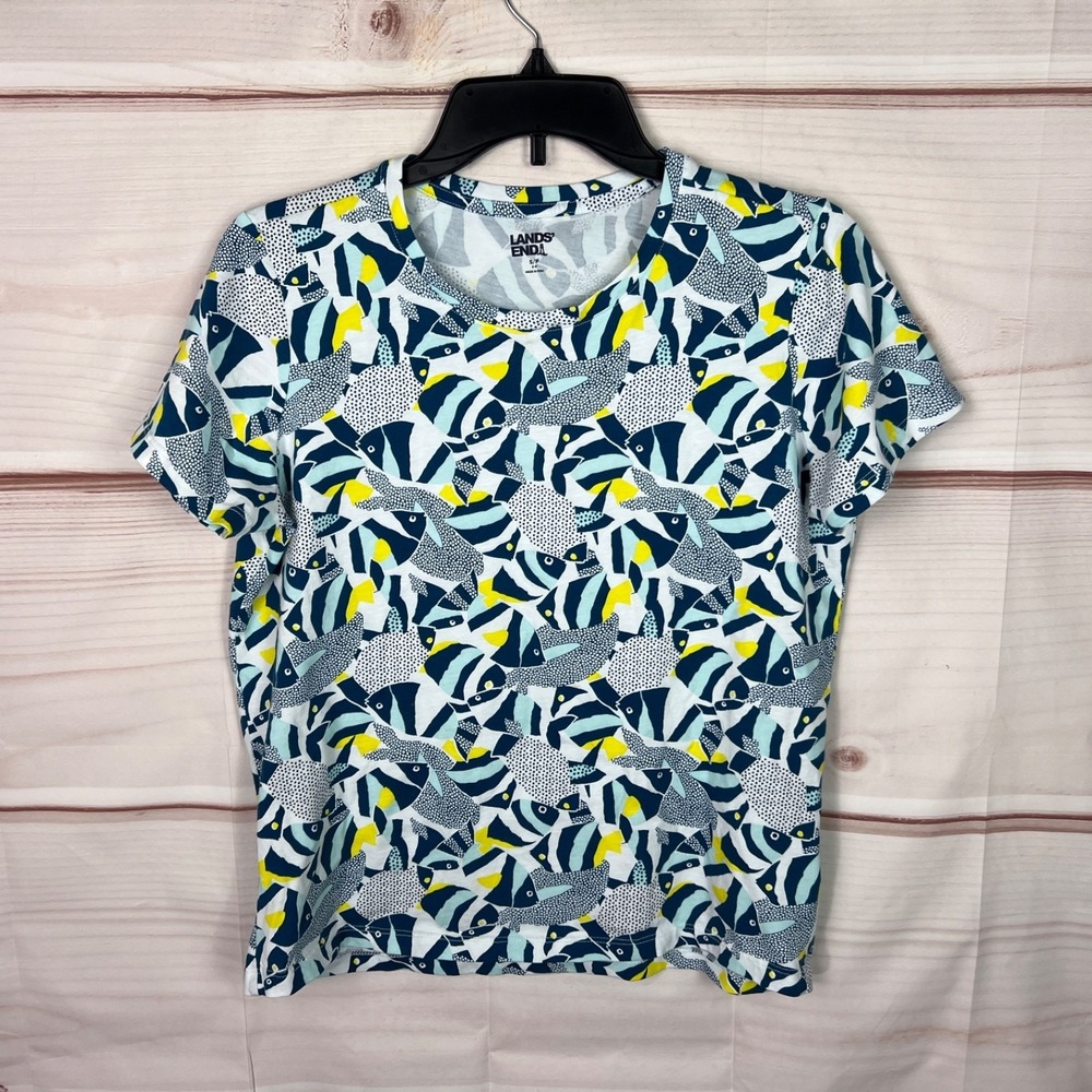 Lands End Top Womens S Blue Fish Graphic T-Shirt Short Sleeve Crew Neck Cotton